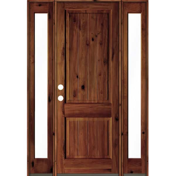 70 in. x 96 in. Rustic Alder Square Red Chestnut Stained Wood V-Groove Right Hand Single Prehung Front Door
