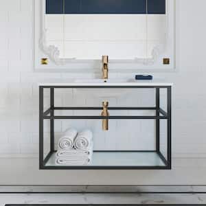 Pierre 36 in. Single, Metal Frame, Open Shelf, Bathroom Vanity in Black, Vanity Top in White with White Basin