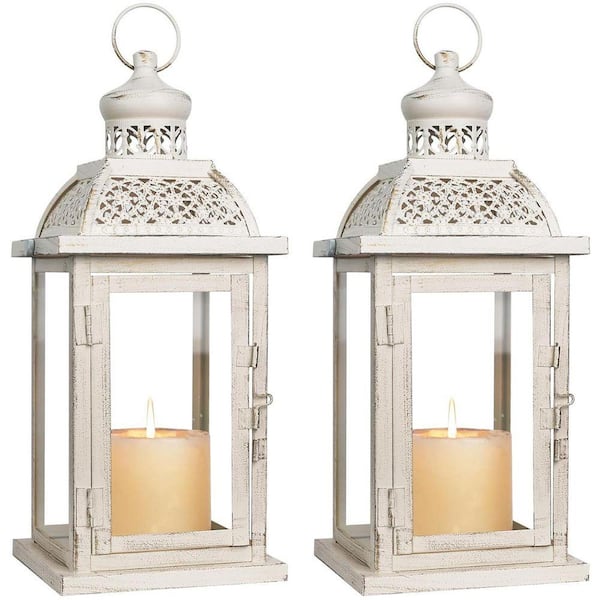 14.4 in. x 5.5 in. Beige White Metal Vintage Lantern without