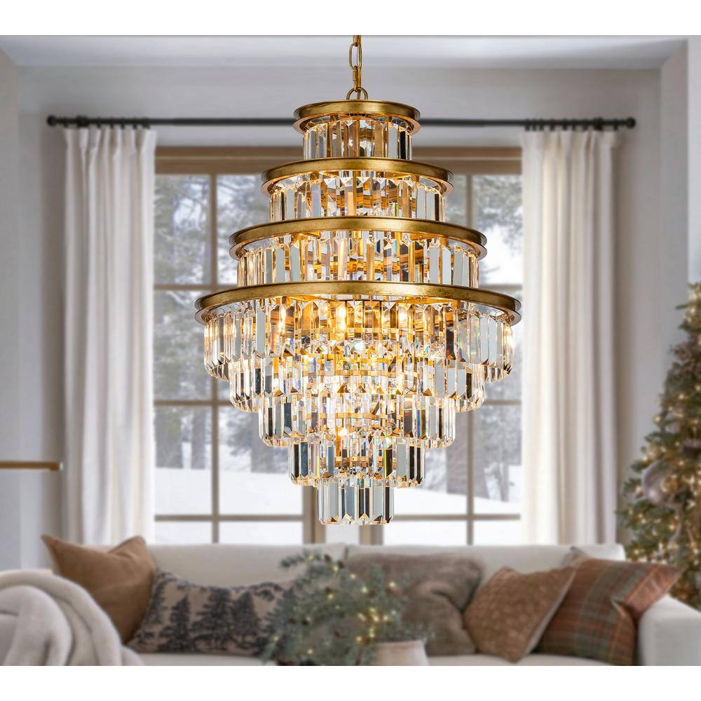 20 in. 8-Light W in Matte Gold Modern Glam Round Tier Fringe Crystal Chande