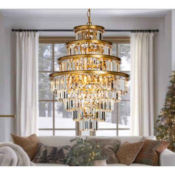 ALOA DECOR 20 in. 8-Light W in Matte Gold Modern Glam Round Tier Fringe Crystal Chandelier Luxury Hanging Light for Living Room