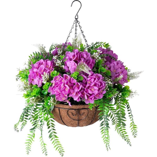 Unbranded 21.3 in. Purple Outdoor Artificial Hydrangea Flowers in Hanging Basket