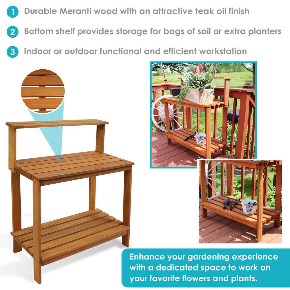 Meranti Wood Gardening Potting Bench with Teak Oil Finish and Storage Shelf