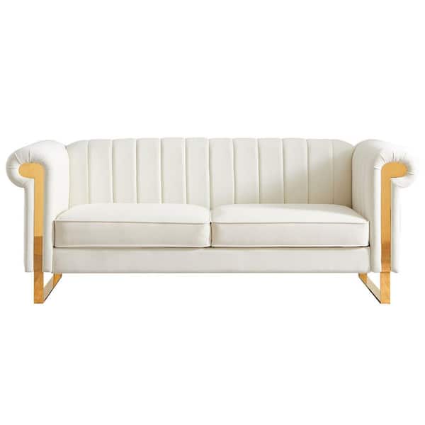 Unbranded 83 in. Wide Rolled Arm Velvet Modern Straight Sofa in Beige with Gold Stainless Steel Arm and Legs