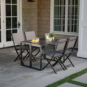 Conrad Gray 5-Piece Aluminum Outdoor Dining Set with 4 Folding Sling Chairs and Convertible Slatted Table