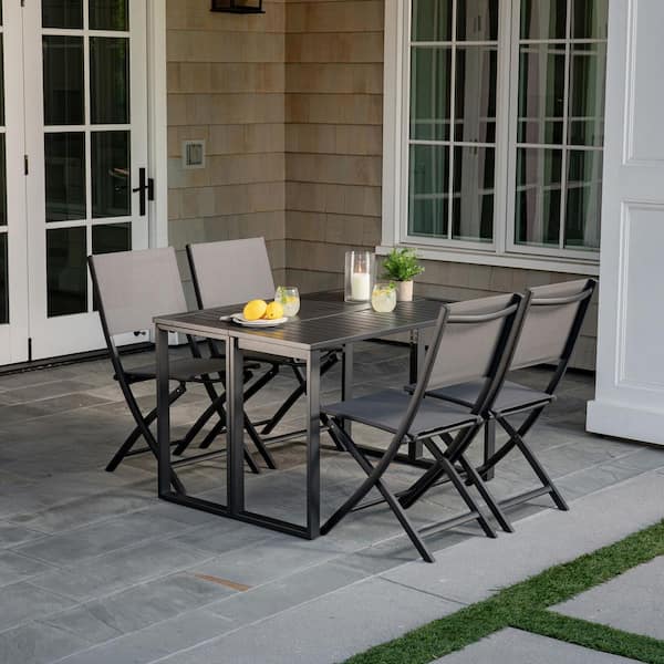 Hanover Conrad Gray 5-Piece Aluminum Outdoor Dining Set with 4 Folding Sling Chairs and Convertible Slatted Table