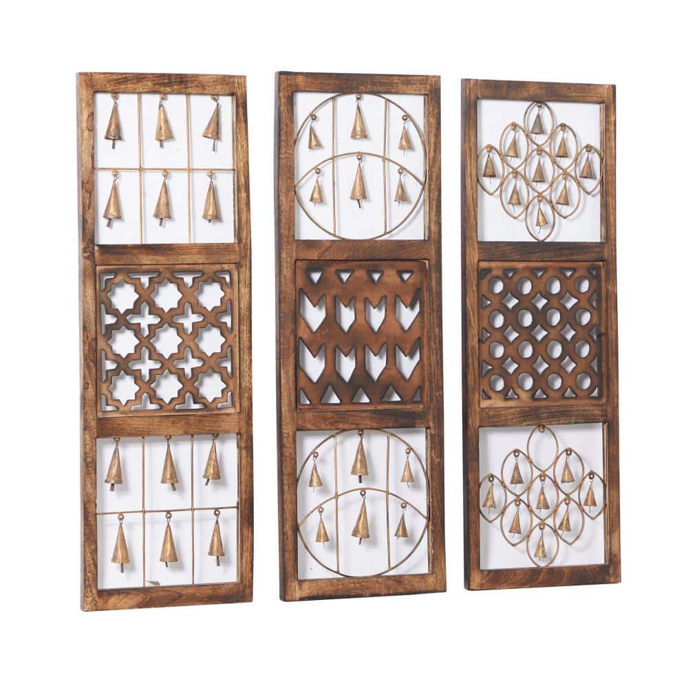 Brown Wood and Metal Bell Wall Decor Set of Three
