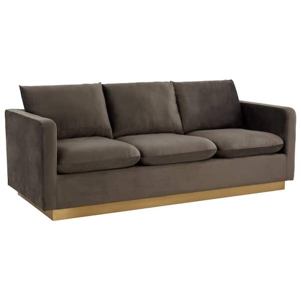 Leisuremod Nervo 83" Mid-Century Modern Upholstered Velvet 3-Seater Sofa With Gold Frame in Dark Grey