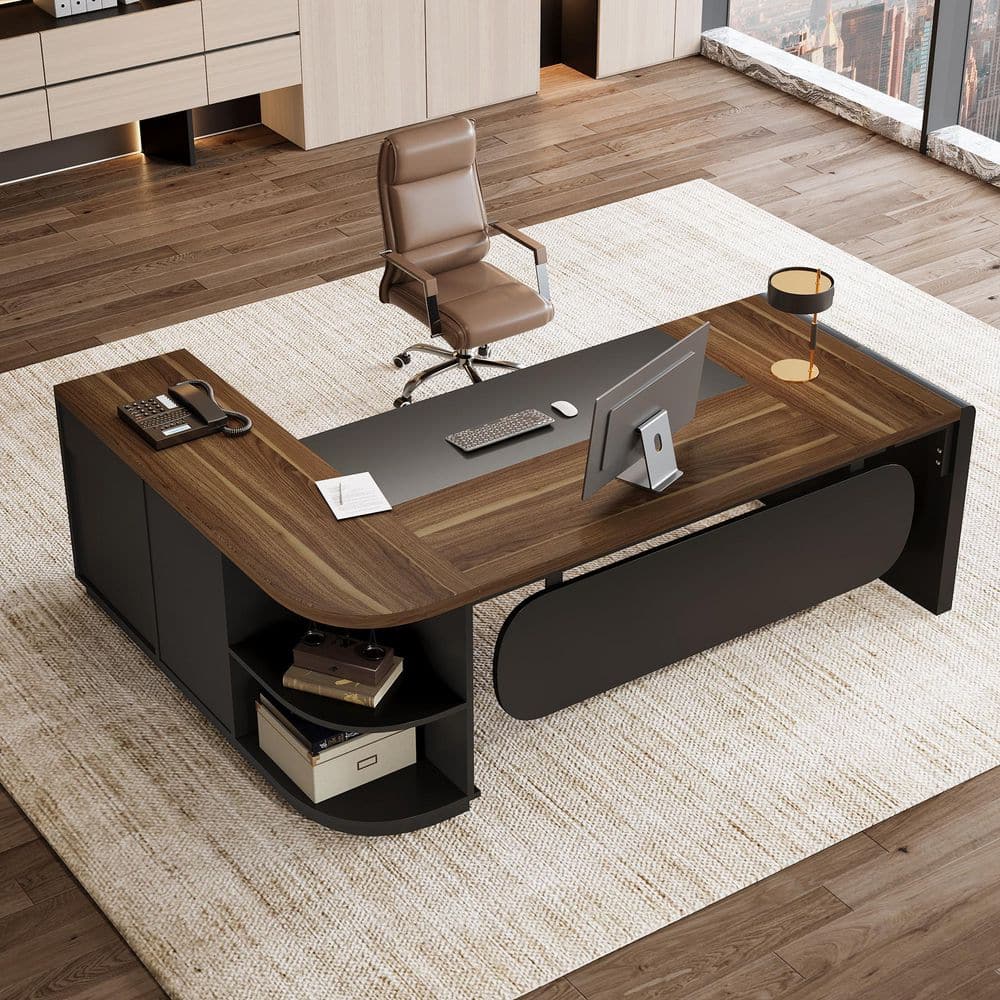 Lanita 81 in. L-Shaped Brown and Black Wood 3-Drawer Executive Office Desk with 4 Storage Shelves price history on PriceWatchPro