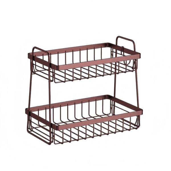 2 Piece Dual-Tier, Space-Saving Kitchen Fruit Basket Set, Removable Banana Hanger, Smooth Stainless Steel Frame, Brown
