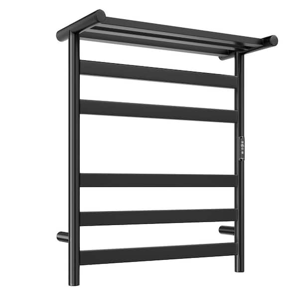 Heated Towel Warmer in Black with Top Shelf, 304 Stainless Steel, 5 Bars, Wall Mounted, Plug-in/Hardwired
