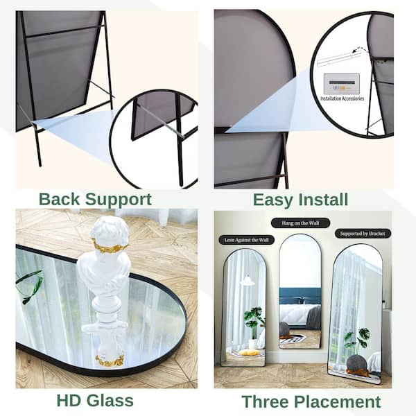 32 in. W x 71 in. H Arched Black Aluminum Alloy Framed Wall Mirror Free Standing Floor Mirror