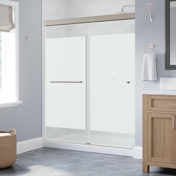 Portwood 52 to 60 in. W x 70-1/4 in. H Semi-Frameless Sliding Shower Door in Nickel with 1/4 in. Privacy Glass