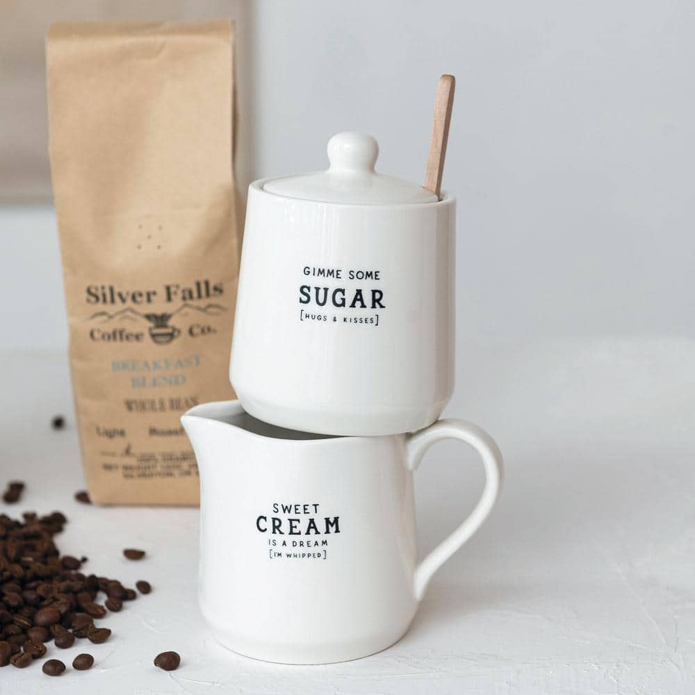 White Stoneware Creamer and Sugar Pot Set with Spoon