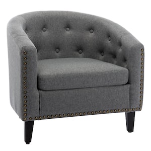 Linen Fabric Gray Tufted Barrel Club Chair