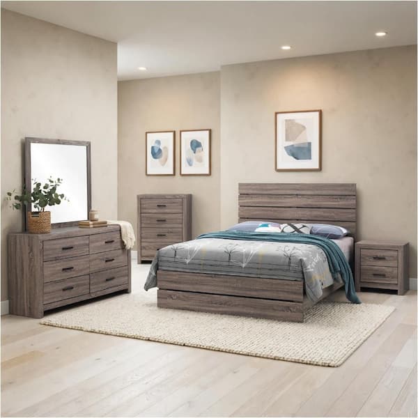 Sili 5-Piece Oak Brown Wood Queen Size Bedroom Set with Storage