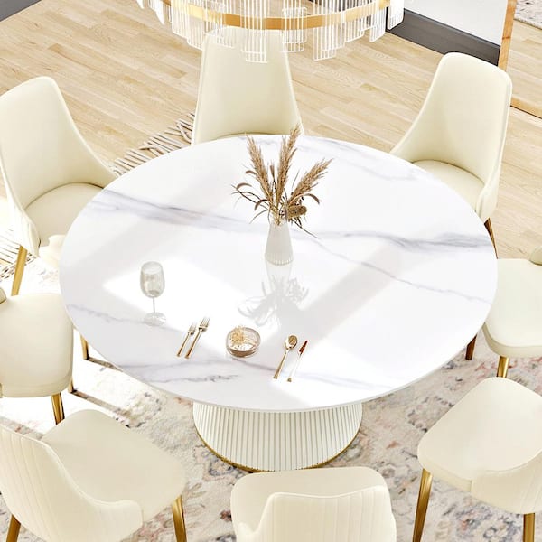 59.05 in. Round Sintered Stone Tabletop Kitchen Dining Table with White Pedestal Metal Base (8 Seats)