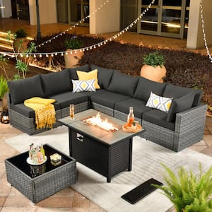 Daffodil A Gray 8-Piece Wicker Patio Rectangular Fire Pit Conversation Sofa Set with Black Cushions