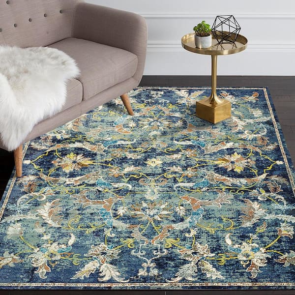 LR Home Gracie Jacobean Navy Multi 5 ft. x 8 ft. Distressed Floral