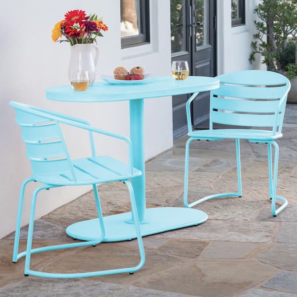 Tannis Modern Patio Matt Light Blue 3-Piece Metal Oval Outdoor Bistro Set