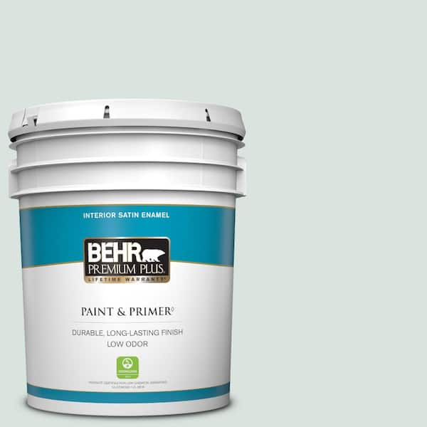 BEHR PREMIUM PLUS 5 gal. #N430-1 Mountain Peak White Satin Enamel Low Odor Interior Paint & Primer