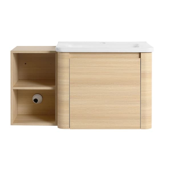 36 in. Wall-Mounted American White Oak Bath Vanity with White Ceramic Top and Storage Shelves Unassembled