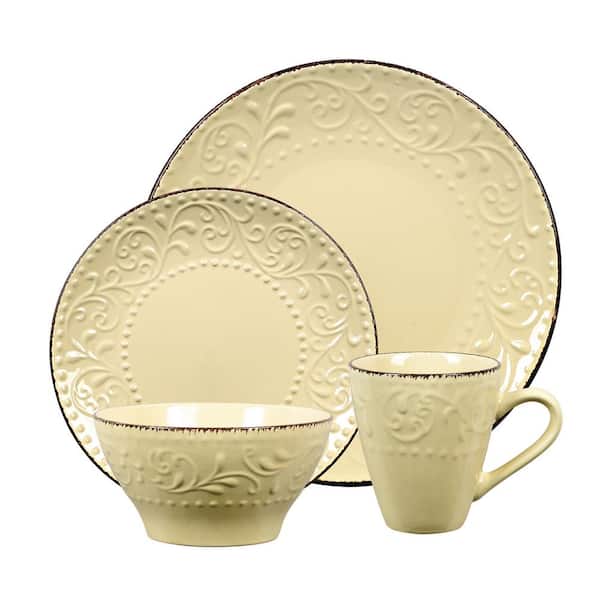 Lorren Home Trends 16-Piece Stoneware Scroll Dinnerware Set-Yellow
