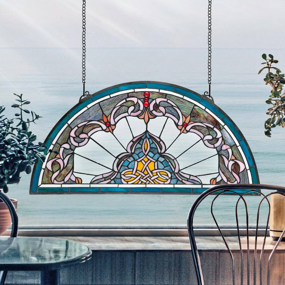 Sky Blue and Green Stained Glass Demi-Lune Window Panel