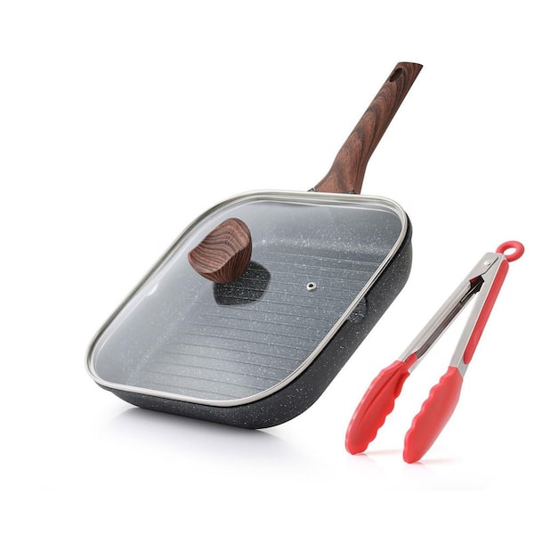 11 in. Aluminum Nonstick Grill Pan in Black for Indoor Cooking, Granite Coating Grill Skillet with Pour Spouts PFOA Free