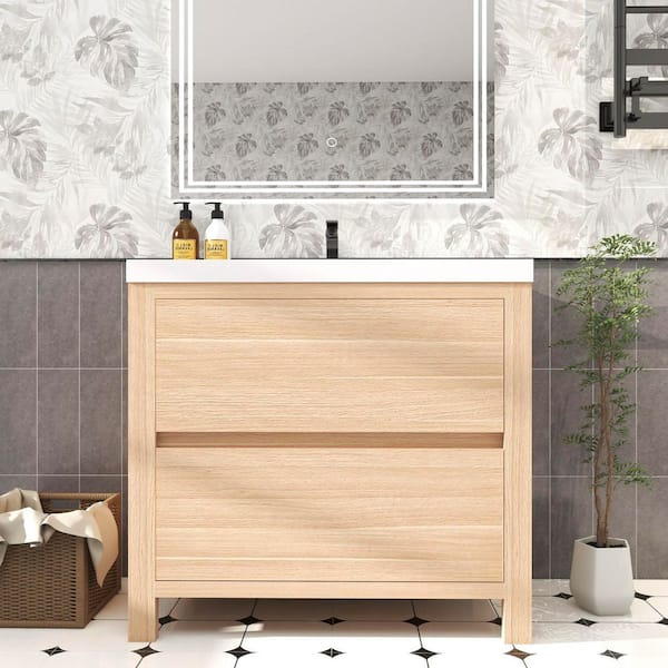 Louis 36 in. W x 20 in. D x 35 in. H Single Sink Freestanding Bath Vanity in Champagne Oak with White Acrylic Top