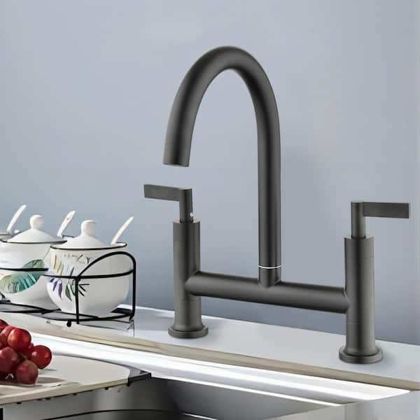UPIKER Double-Handle Bridge Kitchen Faucet in Matte Black