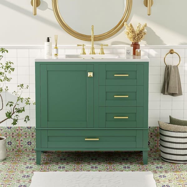 36 in. Single Sink Freestanding Green Bath Vanity with White Ceramic Top and 3 Drawers Storage Door Cabinet Unassembled