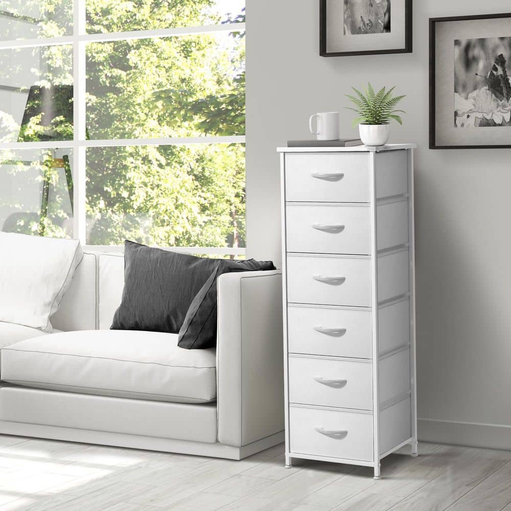 White 6 Drawer 15.75 in. Wide Chest of Drawers Tall Dresser with Steel Fram