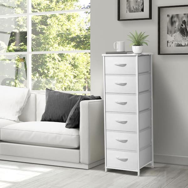 White 6 Drawer 15.75 in. Wide Chest of Drawers Tall Dresser with Steel Frame Wood Top and Easy Pull Foldable Fabric Bins