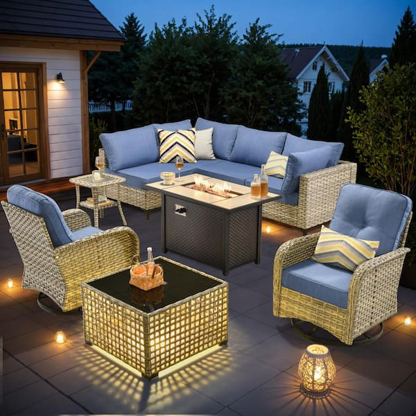 OVIOS Supery Gray 9-Piece Wicker Patio Rectangle Fire Pit Conversation Set with Diamond Blue Cushions and Swivel Chairs