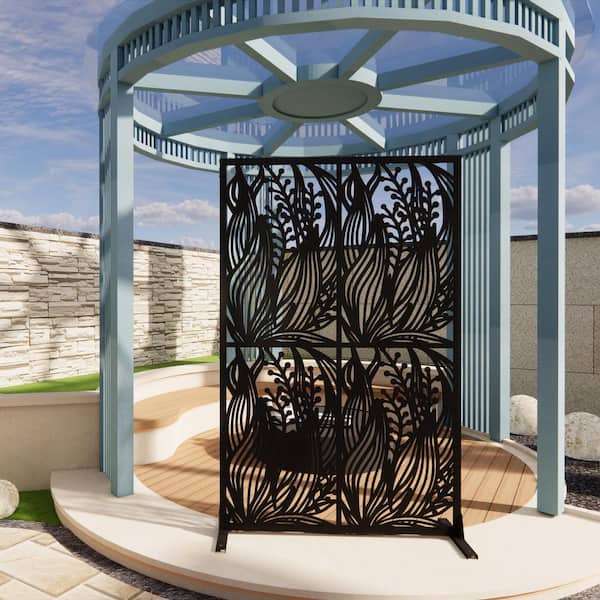3.8 ft. x 6 ft. Free Standing Decorative Privacy Fence Screen Leaf Black Metal for Balcony Patio Garden Room Divider