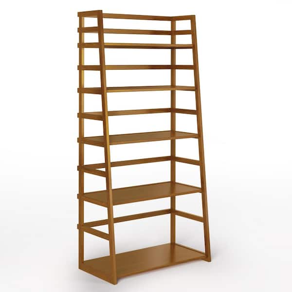 Simpli Home Acadian Solid Wood 63 in. x 30 in. Light Golden Brown with 5-Shelves Transitional Ladder-Shelf Bookcase