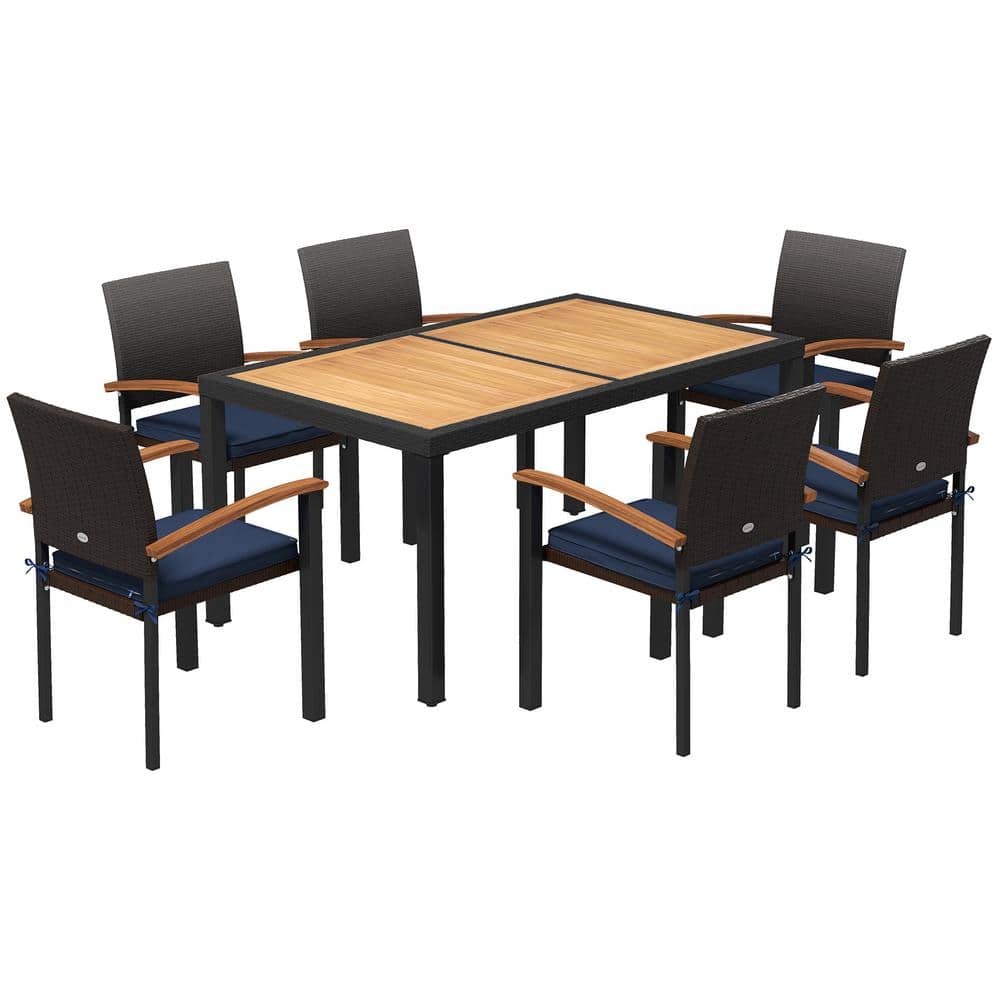 Black 7-Piece Metal Wood PE Rattan Rectangle 29 in. Outdoor Dining Set with