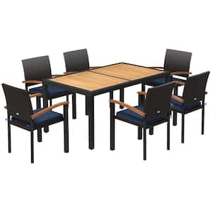 Black 7-Piece Metal Wood PE Rattan Rectangle 29 in. Outdoor Dining Set with Dark Blue Cushions