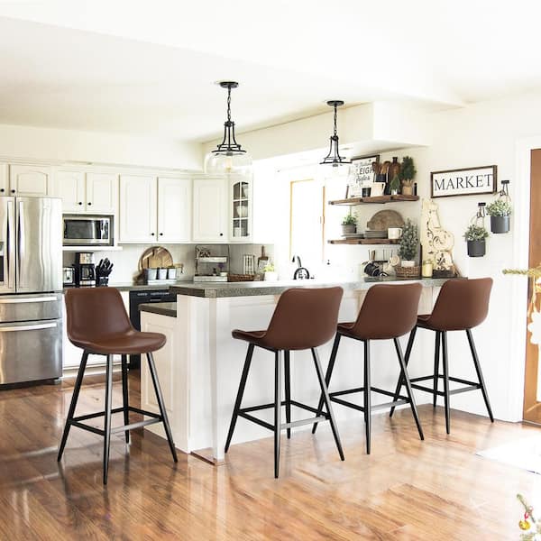 OrangeOne 36.6 in. H Dark Brown 26 in. Low Back Metal Frame Cushioned Counter Height Bar Stool with Faux Leather seat (Set of 4)