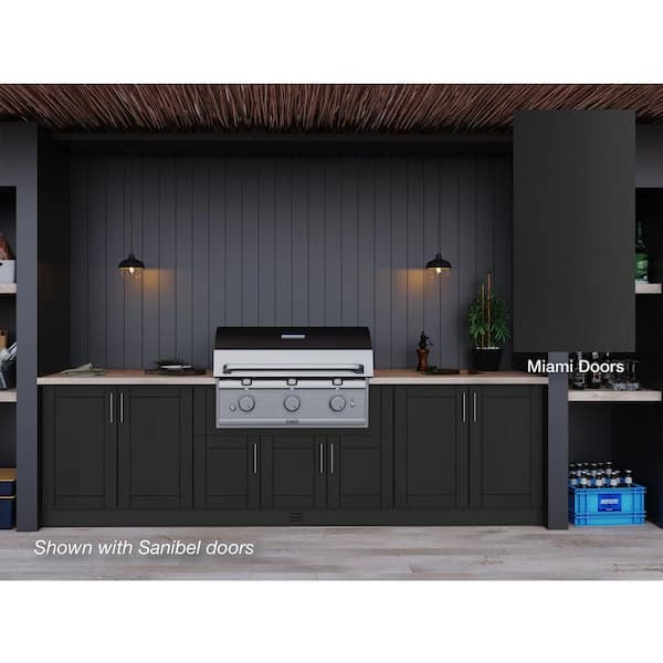 Miami Pitch Black 17-Piece 121.25 in. x 34.5 in. x 28 in. Outdoor Kitchen Cabinet Island Set