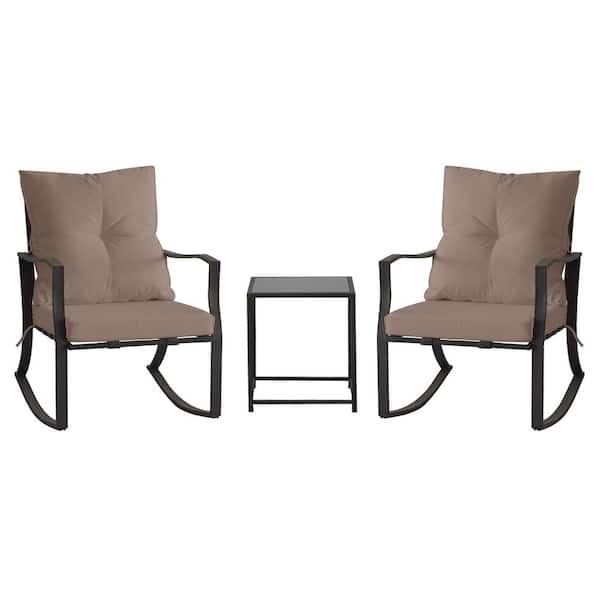 Sudzendf 3-Piece Metal Rocking Outdoor Bistro Set with Khaki Cushion and Glass Coffee Table