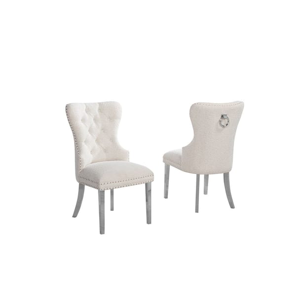 Best Quality Furniture Indira Cream Boucle Fabric Side Chair (Set of 2) with Silver Legs