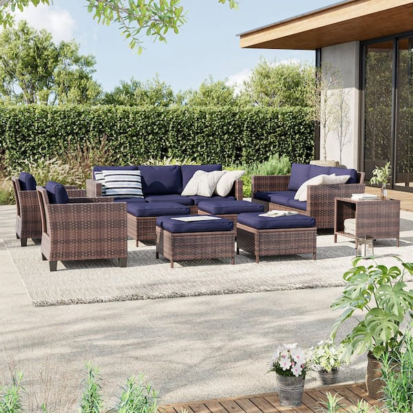 9-Piece Brown Wicker Outdoor Seating Sofa Set with Coffee Table, Navy Blue Cushions