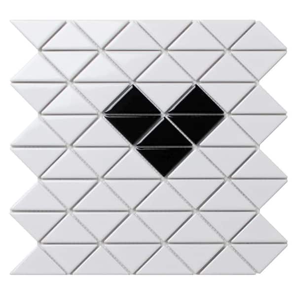 Merola Tile Tre Heart Glossy White with Black 10 in. x 10-1/4 in. x 6 mm Porcelain Mosaic Tile (7.3 sq. ft. / case)