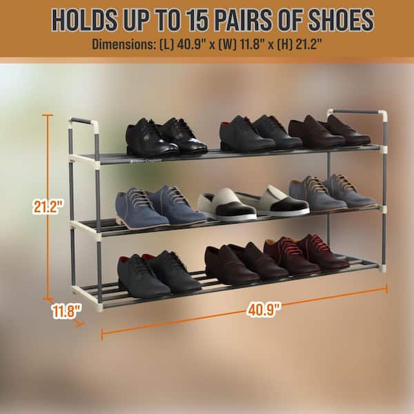 Lavish Home 21.2 H 15-Pair 3-Tier Gray Plastic Shoe Rack 617675VXO