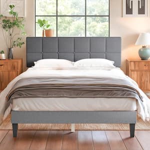 Light Gray Wood Frame Full Platform Bed with Linen Upholstered Adjustable Headboard and Storage, Noise Free