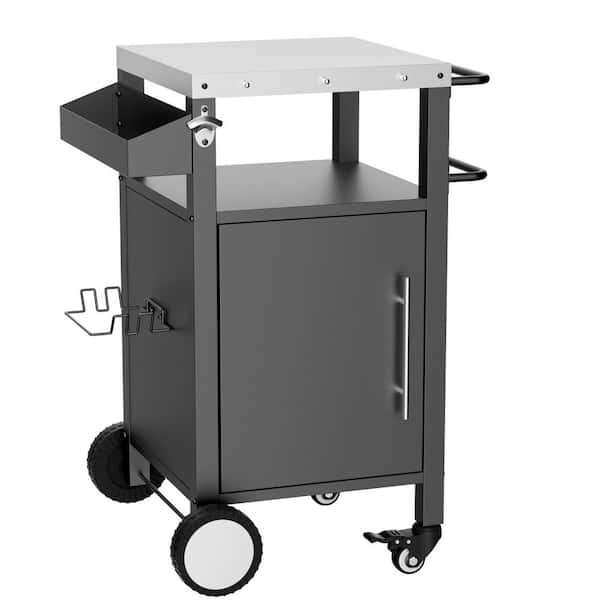 BBQ Grill Serving Cart with Storage, Rolling Outdoor Bar Serving Cart with Hooks & Spice Rack, Perfect for Patios, Black