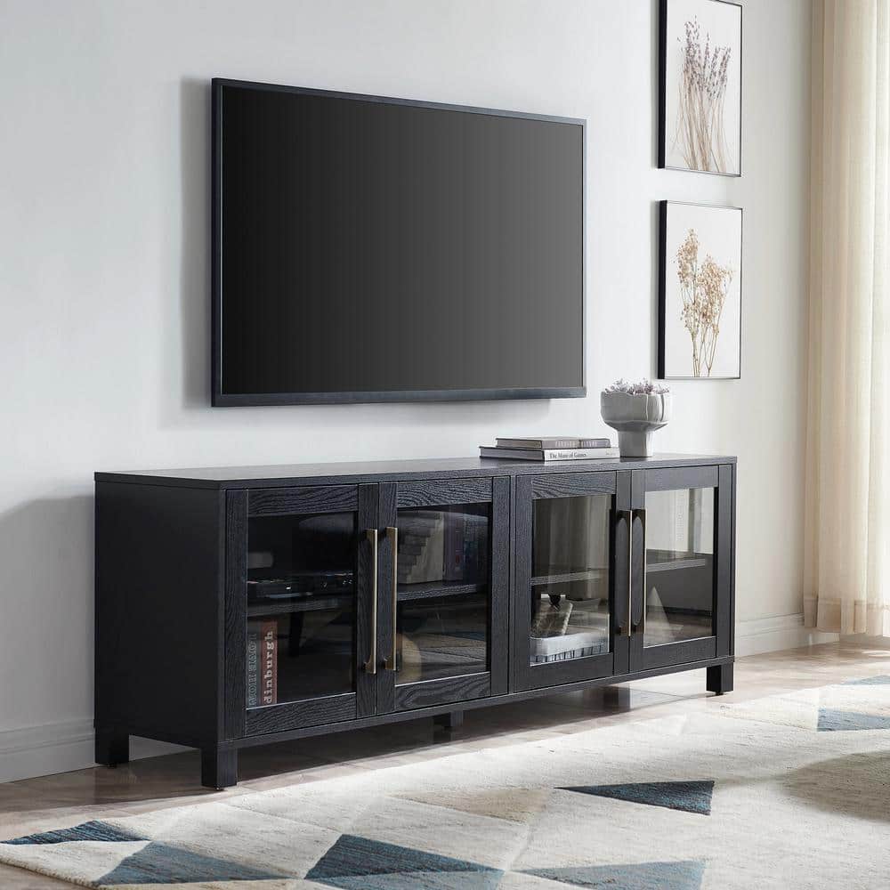Quincy Black Grain Rectangular TV Stand with Glass Doors