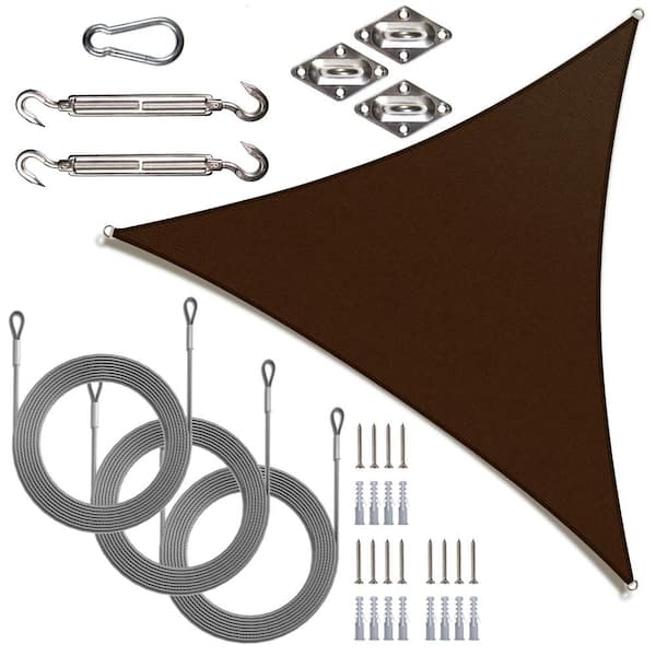 10 ft. x 10 ft. x 10 ft. Brown Equilateral Triangle Sun Shade Sail Screen Canopy with Installation Hardware kit and Rope